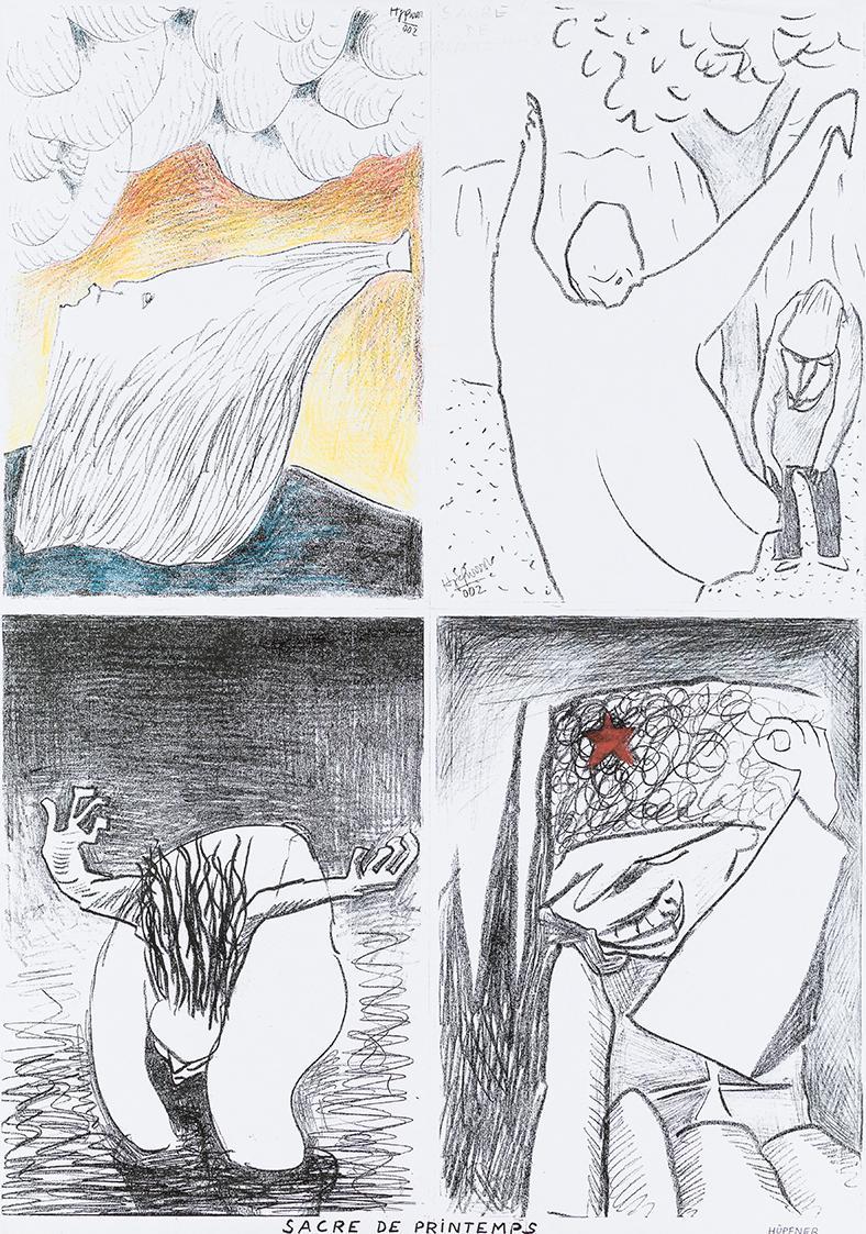 Kurt Hüpfner, "Sacre de printemps", Graphic Novel, nach 2002, Kopien, mit Buntstift und roter K ...