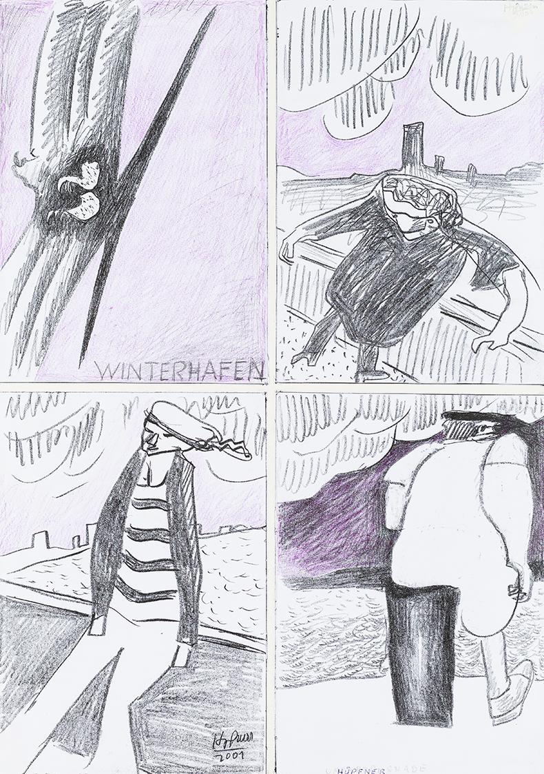 Kurt Hüpfner, Winterhafen, Graphic Novel, um 2000, Kopien, bearbeitet mit lilafarbenem Buntstif ...