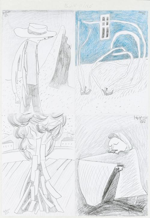 Kurt Hüpfner, "Bon Fire", Graphic Novel, um 2002, Bleistift und blauer Buntstift auf Papier, ka ...