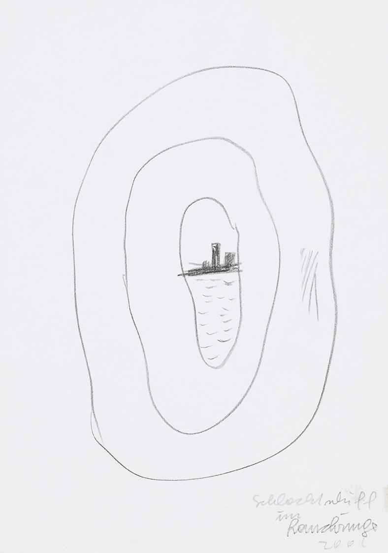 Kurt Hüpfner, Schlachtschiff im Rauchring, 2002, Bleistift auf Papier, 29,7 × 21 cm, Privatbesi ...