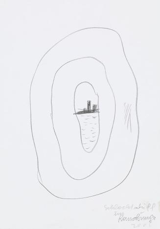 Kurt Hüpfner, Schlachtschiff im Rauchring, 2002, Bleistift auf Papier, 29,7 × 21 cm, Privatbesi ...