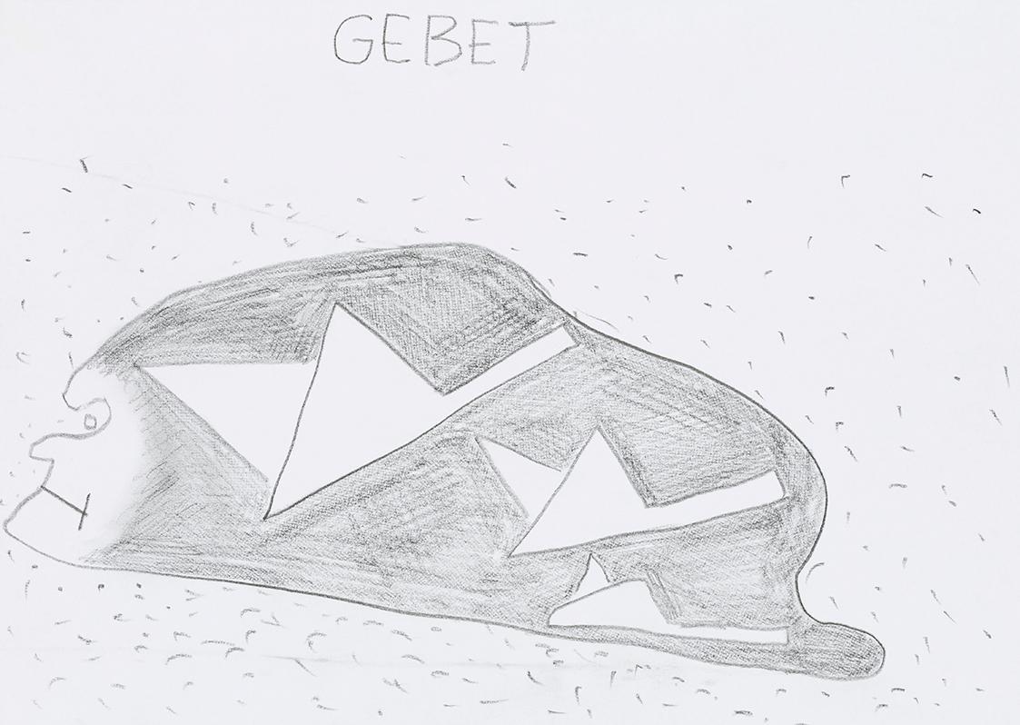 Kurt Hüpfner, Gebet, um 2010, Bleistift auf Papier, 21 × 29,7 cm, Privatbesitz, Wien