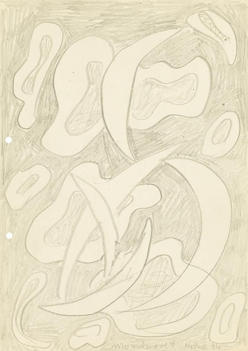 Kurt Hüpfner, Mondnacht, 1994, Bleistift auf ungebleichtem Papier, 29,7 × 21 cm, Privatbesitz,  ...