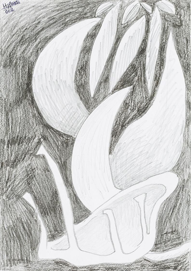 Kurt Hüpfner, Ohne Titel, 2002, Bleistift und schwarze Keide auf Papier, 29,7 × 21 cm, Privatbe ...