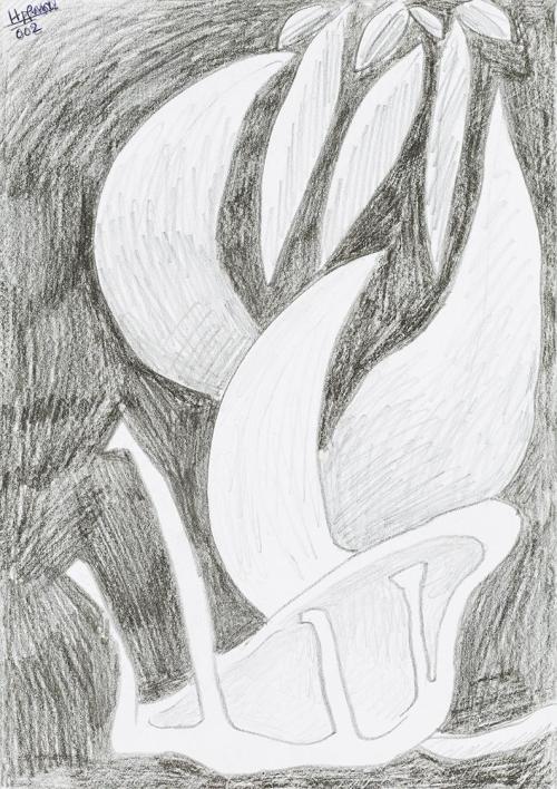 Kurt Hüpfner, Ohne Titel, 2002, Bleistift und schwarze Keide auf Papier, 29,7 × 21 cm, Privatbe ...