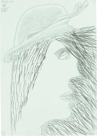 Kurt Hüpfner, Wind im Haar, 1998, Bleistift auf türkisfarbenem Papier, 29,7 × 21 cm, Privatbesi ...