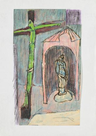 Kurt Hüpfner, INRI, 1961, Aquarell, Bleistift und Buntstift auf Papier, 25 × 14,6 cm, Privatbes ...
