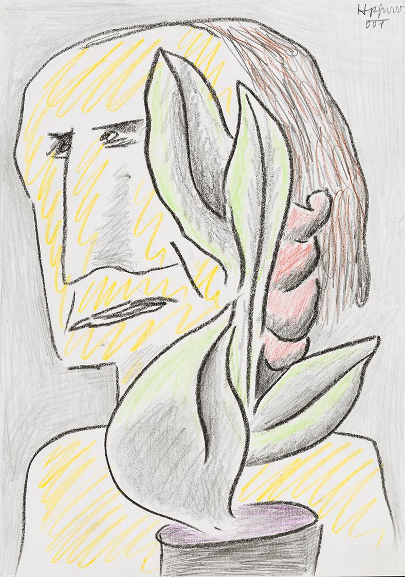 Kurt Hüpfner, Blumenfreundin, 2001, Bleistift, Buntstift und schwarze Kreide auf Papier, 29,7 × ...