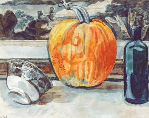 Alfred Wickenburg, Kürbis mit Flasche und Schale, 1936, Aquarell auf Papier, Blattmaße: 41 × 57 ...