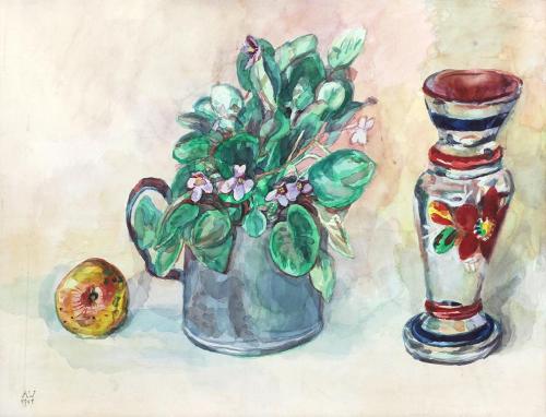 Alfred Wickenburg, Stillleben mit Apfel, Blumentopf und Vase, 1941, Aquarell auf Papier, Lichte ...