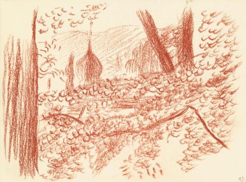 Alfred Wickenburg, Waldausschnitt mit versteckter Architektur, 1938/1942, Rötel auf Papier, Bla ...