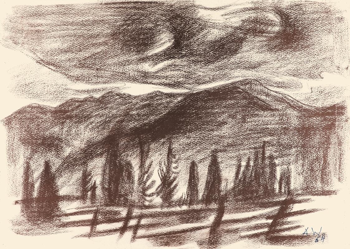 Alfred Wickenburg, Landschaft, 1954, Braune Kreide auf Papier, Blattmaße: 37,7 × 53,5 cm, Leihg ...