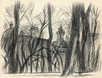 Alfred Wickenburg, Silhouette einer Stadt und Bäume, um 1945, Kohle auf Papier, Blattmaße: 14,8 ...
