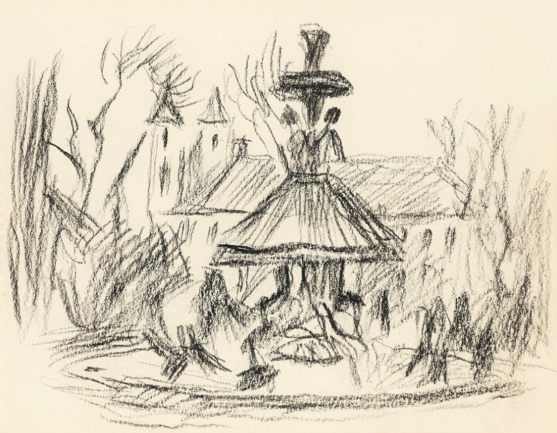 Alfred Wickenburg, Brunnen, um 1945, Kohle auf Papier, Blattmaße: 14,8 × 19,5 cm, Leihgabe aus  ...