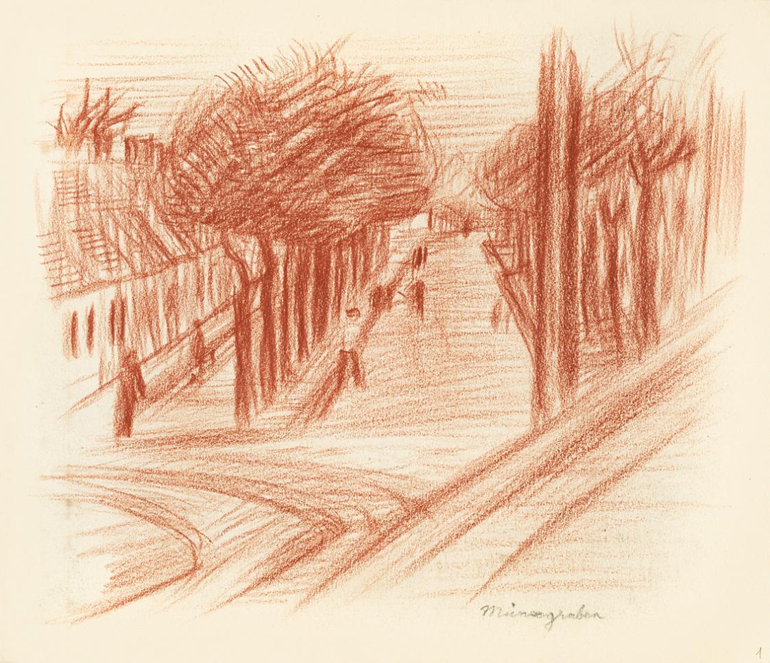 Alfred Wickenburg, Belebte Allee beim Grazer Münzgraben, 1940/1944, Rötel auf Papier, 22 × 25,4 ...