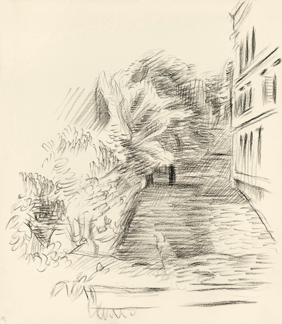 Alfred Wickenburg, Bewaldete Straße mit Häuserfront, 1940/1944, Kreide auf Papier, 25,4 × 22 cm ...