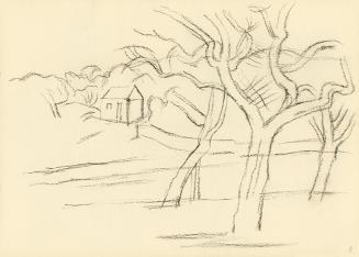 Alfred Wickenburg, Landschaftsskizze mit Architektur im Hintergrund, 1945/1950, Kohle auf Papie ...