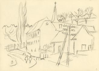 Alfred Wickenburg, Dorfansicht mit Strommasten, 1945/1950, Kohle auf Papier, 21 × 29,5 cm, Belv ...