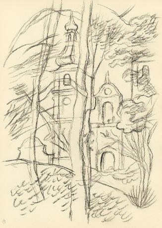 Alfred Wickenburg, Blick vom Waldrand auf Kirchenarchitektur, 1945/1950, Kohle auf Papier, 29,5 ...