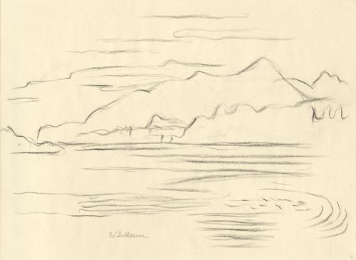 Alfred Wickenburg, Wörthersee mit Berg im Hintergrund, 1950, Kohle auf Papier, 21 × 29,7 cm, Be ...