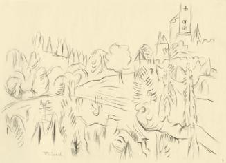 Alfred Wickenburg, Burg in einer bewaldeten Landschaft, 1950, Kohle auf Papier, 21 × 29,7 cm, B ...