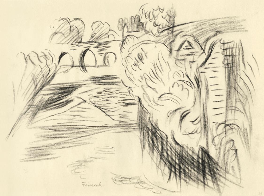 Alfred Wickenburg, Fluss mit Brücke, 1950, Kohle auf Papier, 21 × 29,7 cm, Belvedere, Wien, Inv ...