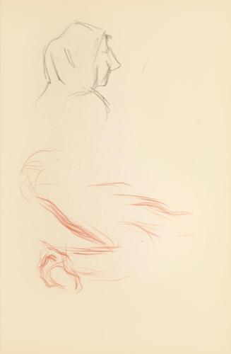 Alfred Wickenburg, Skizze einer Frau mit Kopftuch und eines Dromedars, 1942, Bleistift und Röte ...