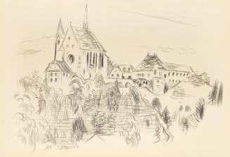 Alfred Wickenburg, Kirche und Gebäude auf einem Hügel, um 1945, Schwarze Kreide auf Papier, Bla ...