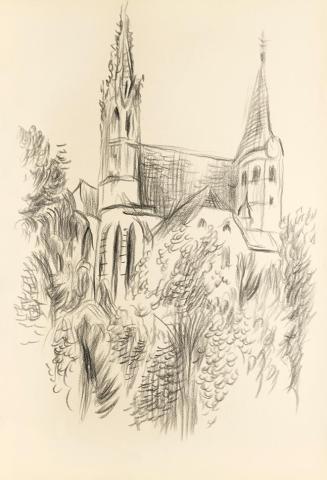 Alfred Wickenburg, Kirche zwischen Pflanzen, um 1945, Schwarze Kreide auf Papier, Blattmaße: 29 ...
