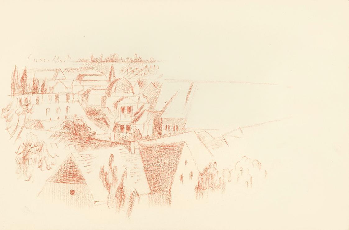 Alfred Wickenburg, Blick über die Dächer einer Stadt, 1943, Rötel auf Papier, Blattmaße: 19 × 2 ...