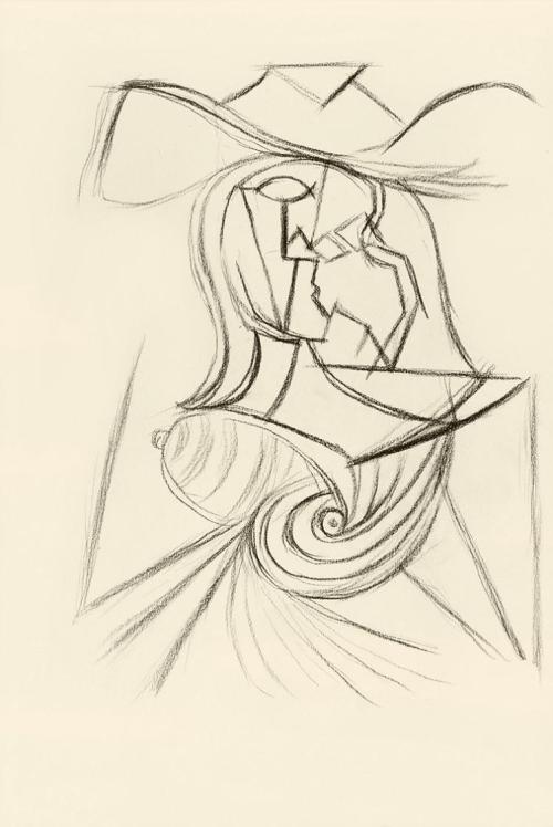 Alfred Wickenburg, Variation zu den Darstellungen "Sitzenden Frau" von Picasso, 1943, Kohle auf ...