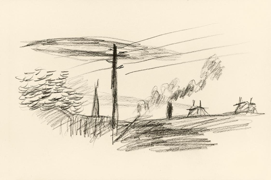 Alfred Wickenburg, Dächer und ein Mast, 1943, Kohle auf Papier, Blattmaße: 19 × 29 cm, Leihgabe ...