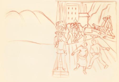 Alfred Wickenburg, Landwirtschaftlich arbeitende Personen und eine Reihe von Soldaten, 1938, Rö ...