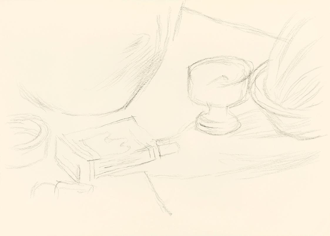 Alfred Wickenburg, Gegenstände auf einem Tisch, um 1955, Bleistift auf Papier, Blattmaße: 21,1  ...