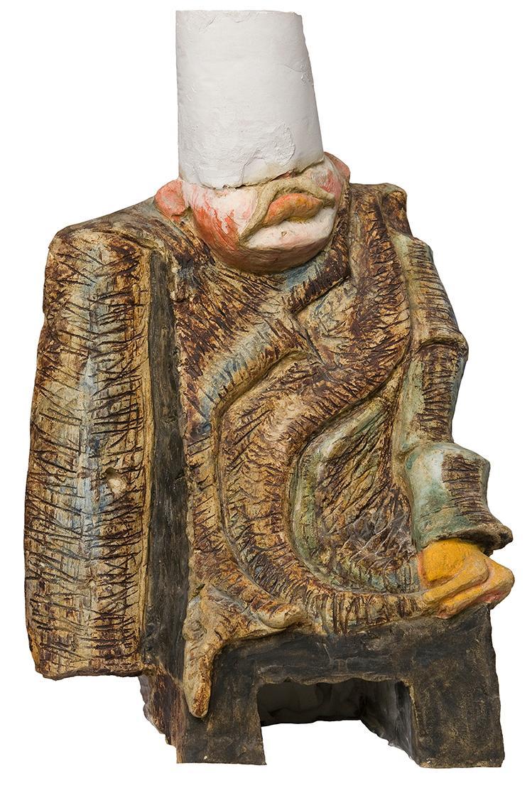 Kurt Hüpfner, Der Bohnenkönig, um 1990, Gips, Terrakotta, Engobe, Pigmentfarbe und Öl, 40 × 23  ...