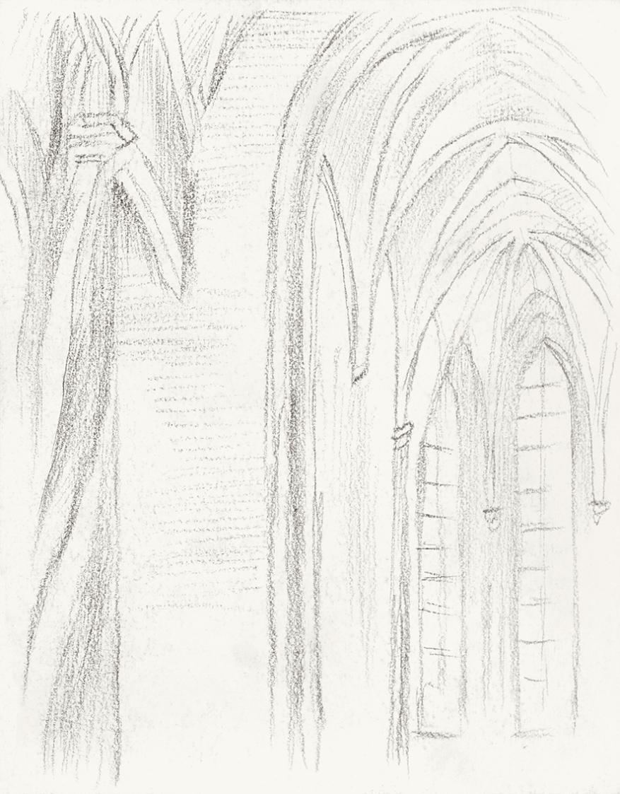 Alfred Wickenburg, Fenster und Spitbögen in einer Kirche, 1940/1945, Bleistift auf Papier, Blat ...