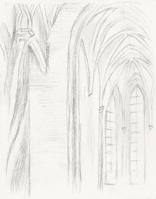 Alfred Wickenburg, Fenster und Spitbögen in einer Kirche, 1940/1945, Bleistift auf Papier, Blat ...