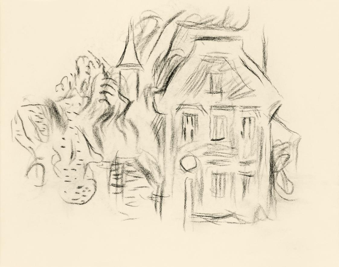 Alfred Wickenburg, Haus mit Turm zwischen Bäumen, um 1950, Kohle auf Transparentpapier, Blattma ...