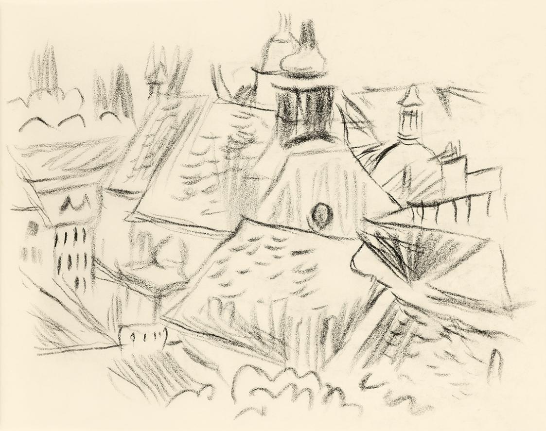 Alfred Wickenburg, Dachlandschaft, um 1950, Kohle auf Transparentpapier, Blattmaße: 15 × 19 cm, ...