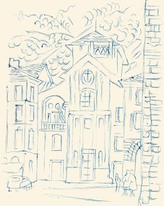 Alfred Wickenburg, Kirche in einer Stadt, um 1955, Blauer Kugelschreiber auf Papier, Blattmaße: ...