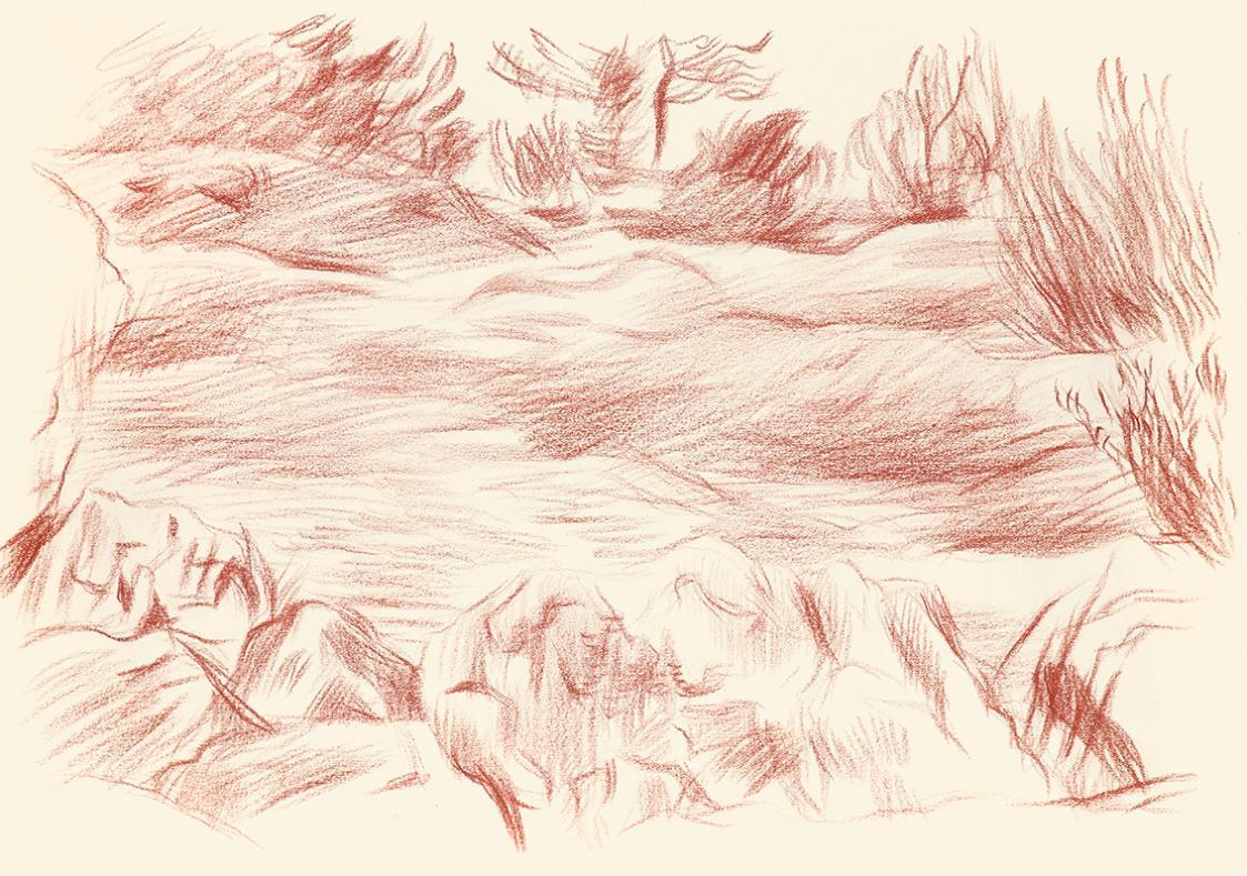 Alfred Wickenburg, Wiese mit Büschen und Felsen, 1944, Rötel auf Papier, Blattmaße: 22,6 × 32 c ...