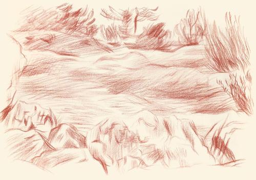 Alfred Wickenburg, Wiese mit Büschen und Felsen, 1944, Rötel auf Papier, Blattmaße: 22,6 × 32 c ...