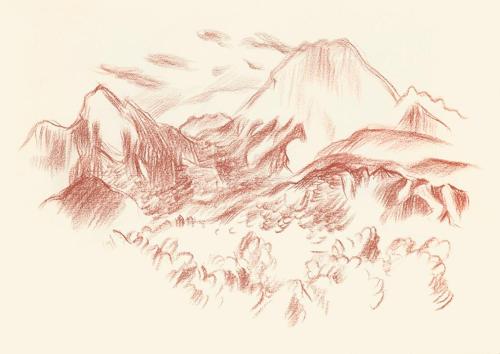 Alfred Wickenburg, Berglandschaft, 1944, Rötel auf Papier, Blattmaße: 22,6 × 32 cm, Leihgabe au ...