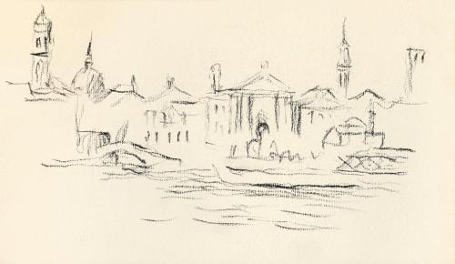 Alfred Wickenburg, Gebäude an einem Kanal in Venedig, 1955/1960, Kohle auf Papier, Blattmaße: 1 ...