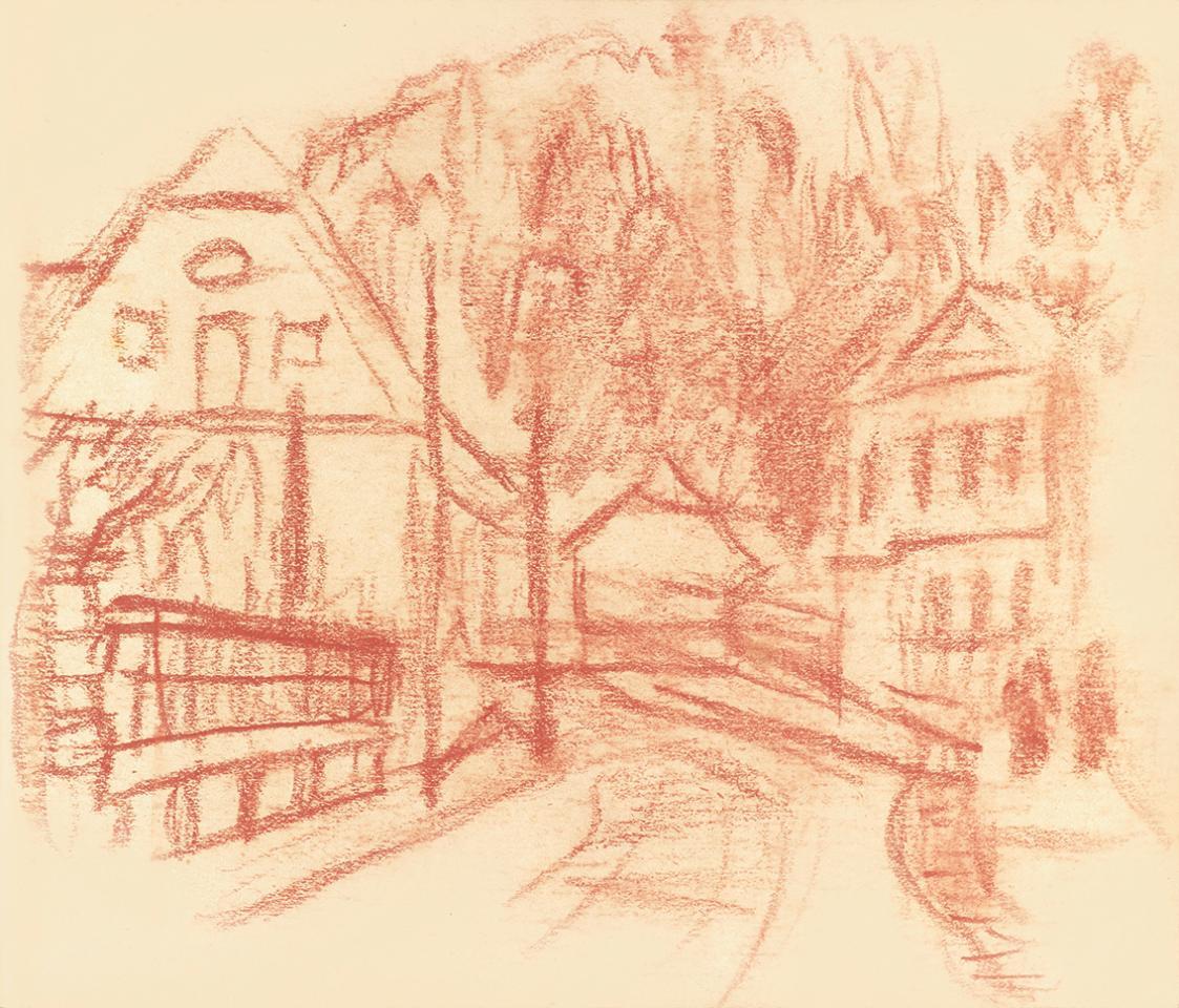 Alfred Wickenburg, Blick in eine Straße, 1935/1940, Rötel auf Papier, Blattmaße: 17,4 × 20,1 cm ...