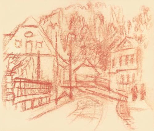 Alfred Wickenburg, Blick in eine Straße, 1935/1940, Rötel auf Papier, Blattmaße: 17,4 × 20,1 cm ...