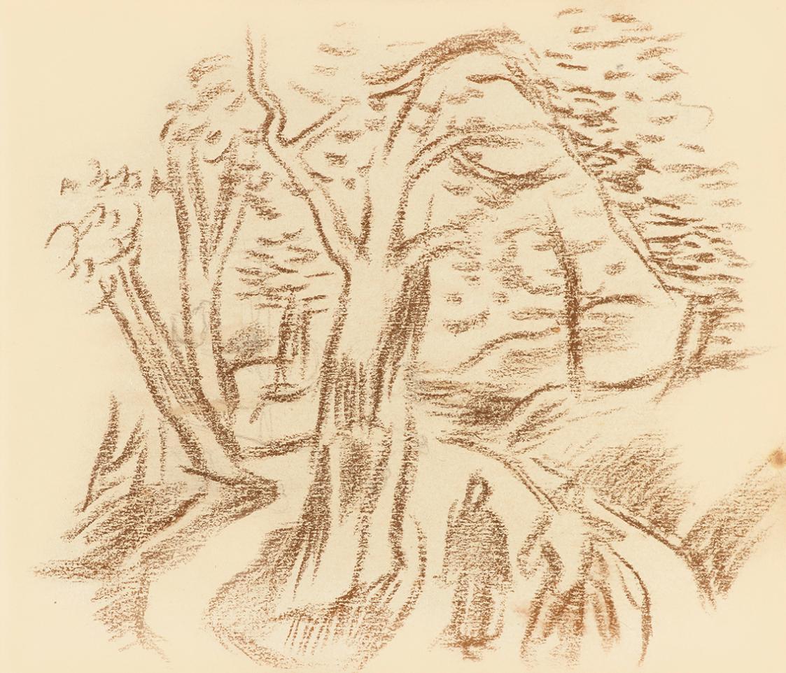 Alfred Wickenburg, Waldweg mit zwei Personen, 1935/1940, Braune Kreide über Bleistift auf Papie ...