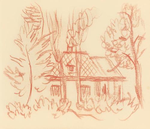 Alfred Wickenburg, Haus zwischen Bäumen, 1935, Rötel auf Papier, Blattmaße: 17,4 × 20,1 cm, Lei ...