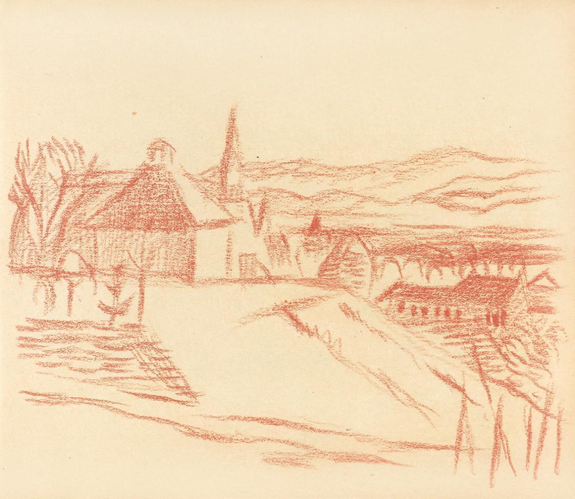 Alfred Wickenburg, Blick auf ein Dorf vor einer Berglandschaft, 1935/1940, Rötel auf Papier, Bl ...