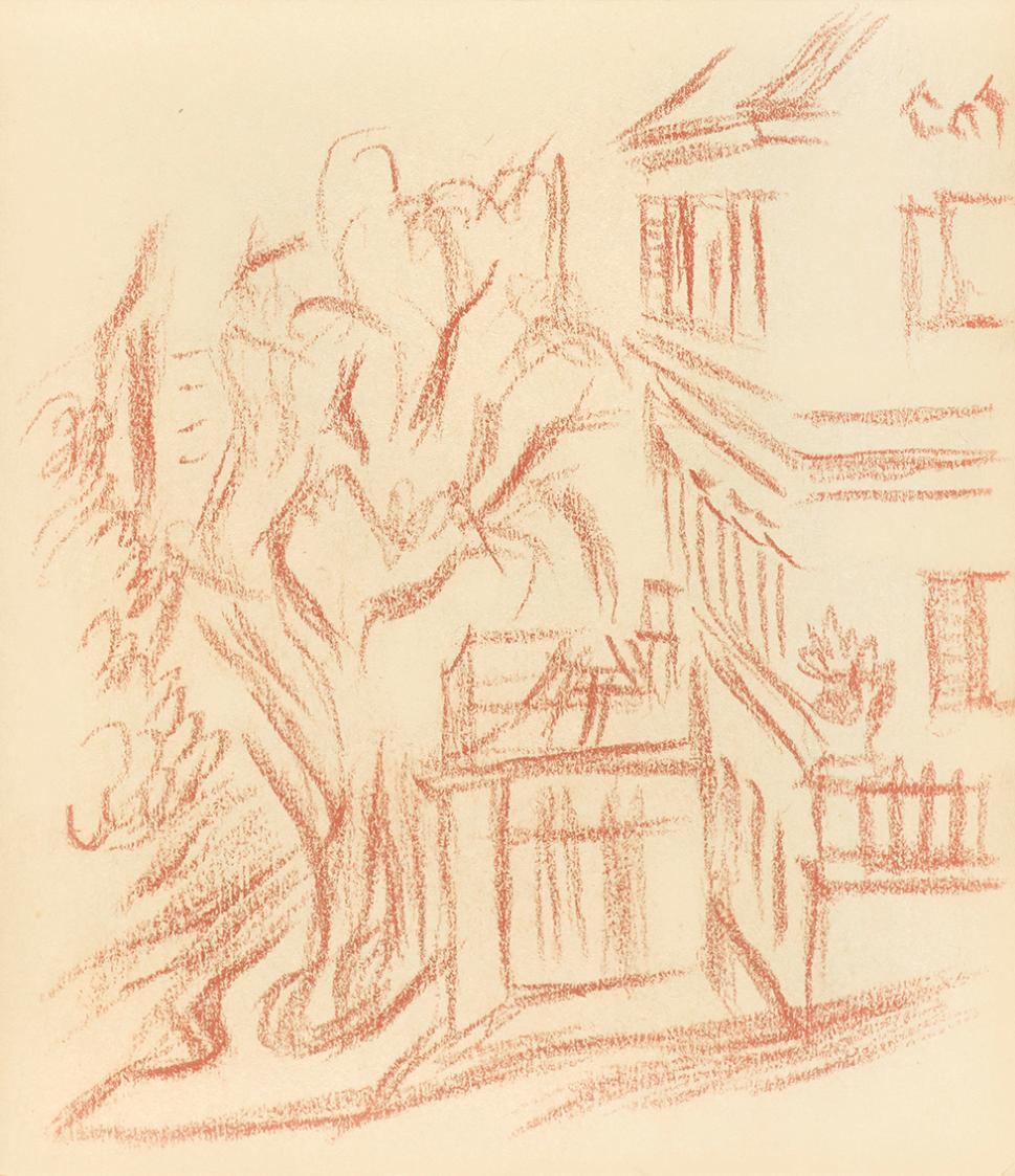 Alfred Wickenburg, Baum vor einem Haus, 1935/1940, Rötel auf Papier, Blattmaße: 20,1 × 17,4 cm, ...